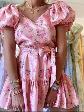 LoveShackFancy x Target Cécile Peach Pink Floral Puff Sleeve Mini Dress Size 10